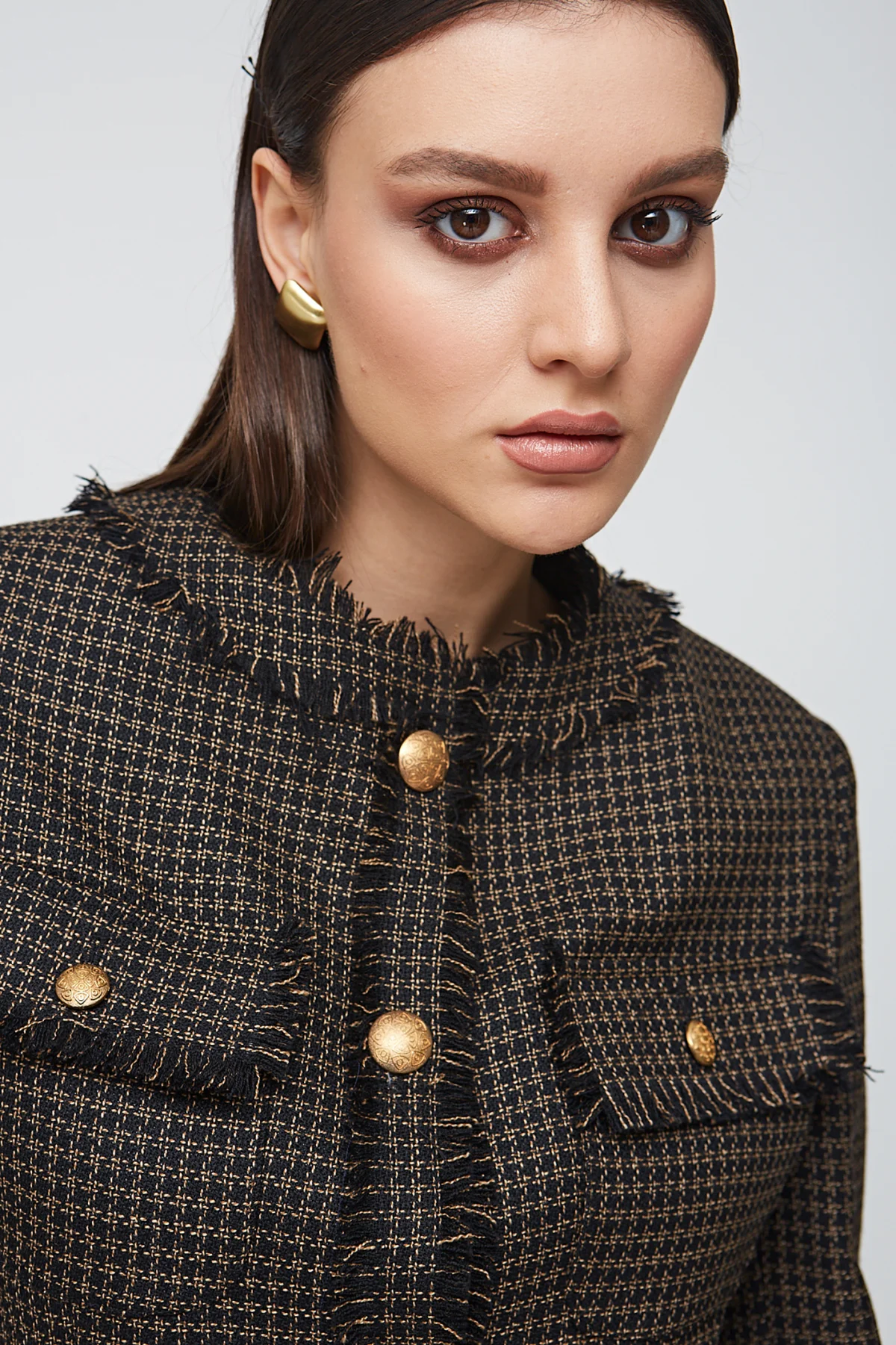 Bisiklet Yaka Kısa Yün Kahve/Siyah Ceket - BE OZ - Görsel 4