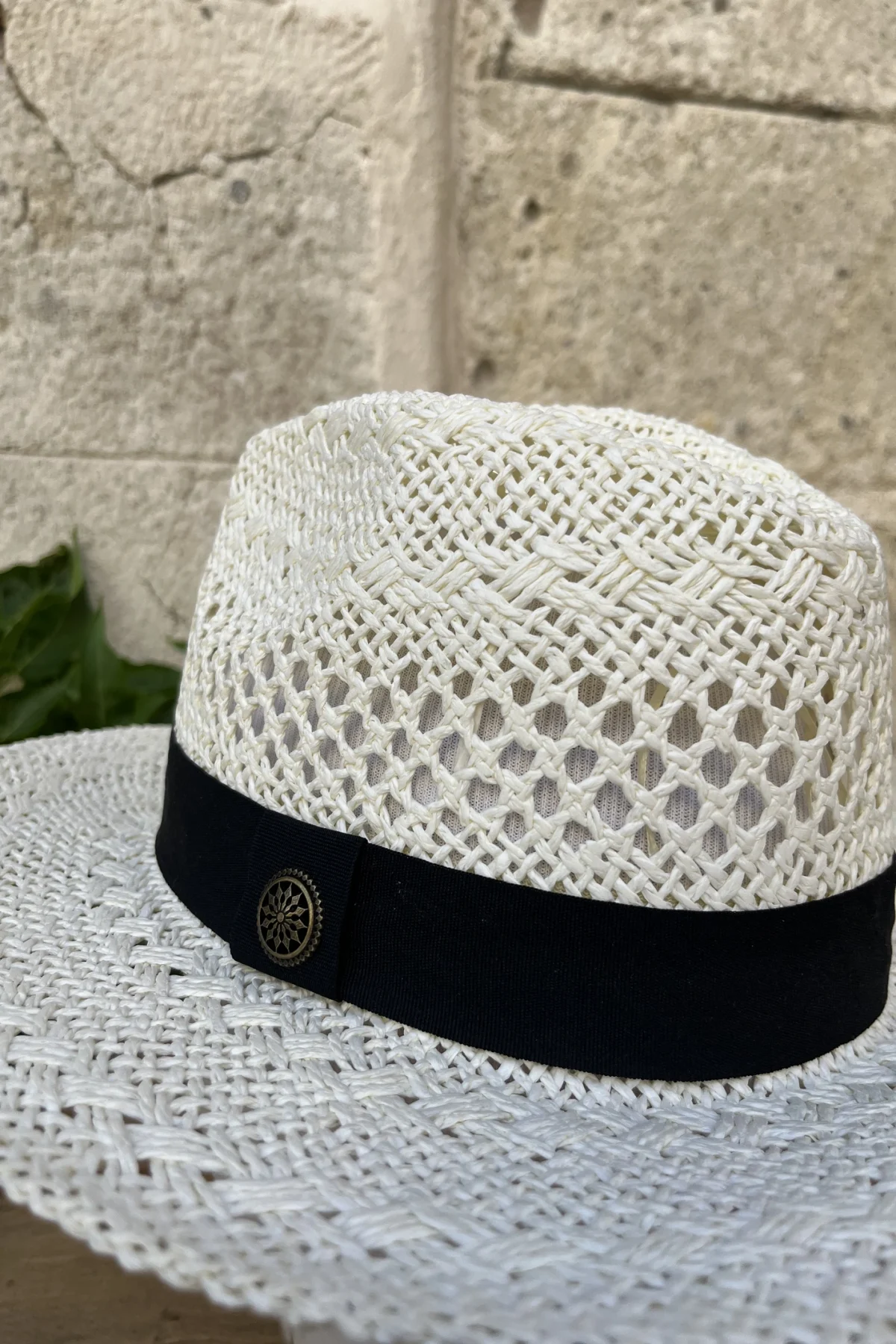 Siyah Şeritli Hasır Bej Şapka - BE OZ - Görsel 3