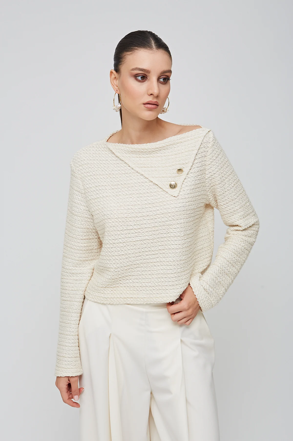 V Parçalı Krem Triko Bluz - BE OZ - Görsel 3