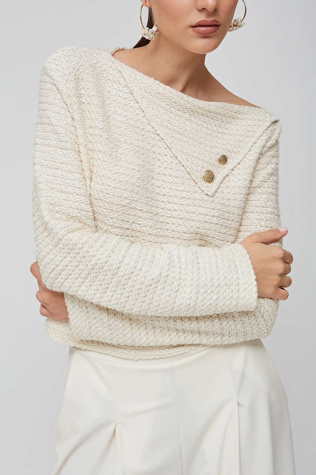 V Parçalı Krem Triko Bluz - BE OZ - Görsel 4